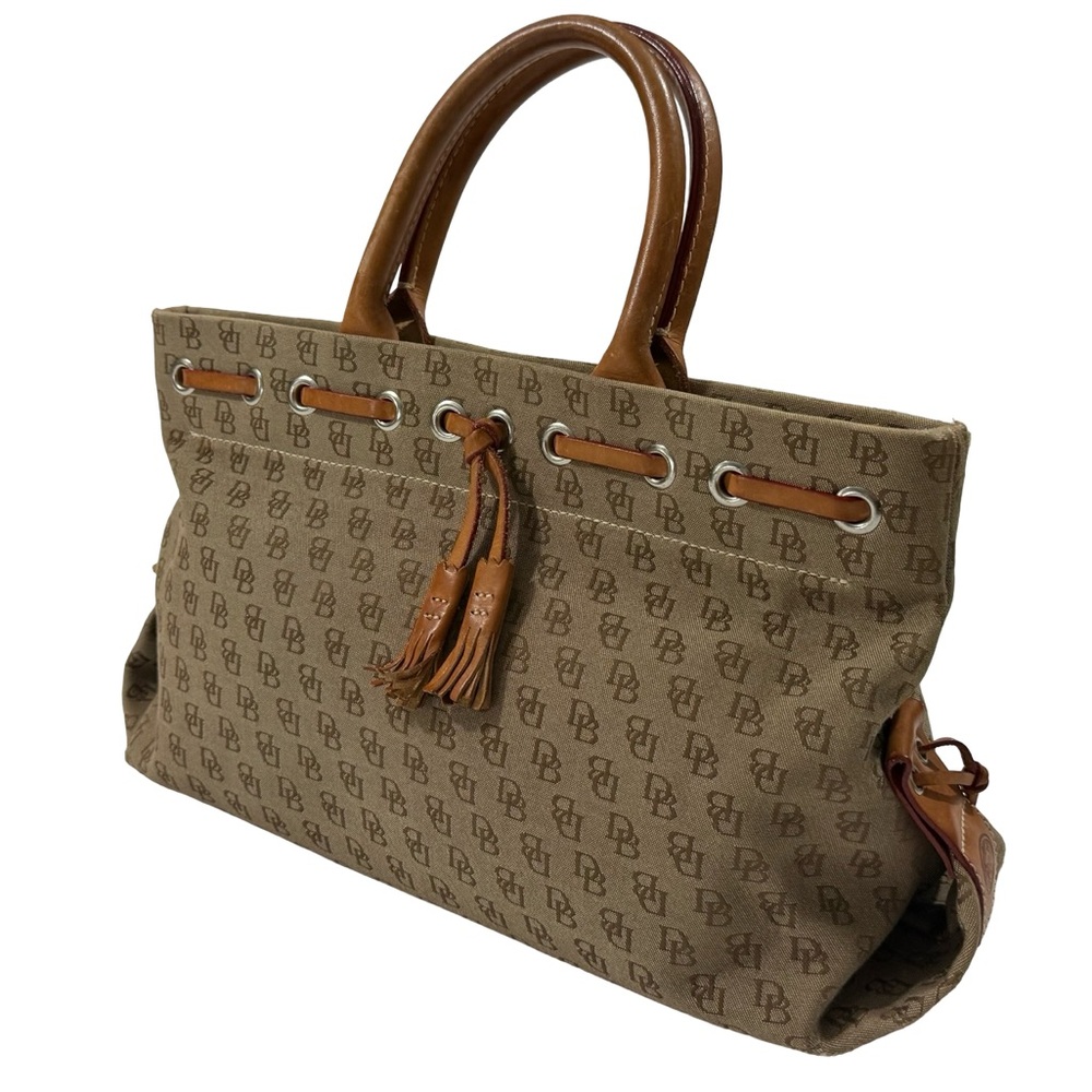 Dooney & Bourke DB Monogram Canvas Drawstring Satchel Tan Leather Tassel Tote